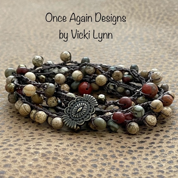 ARTISAN Necklace Jasper Mix on Chocolate Long Crocheted Wrap and Earrings Set - Picture 8 of 15